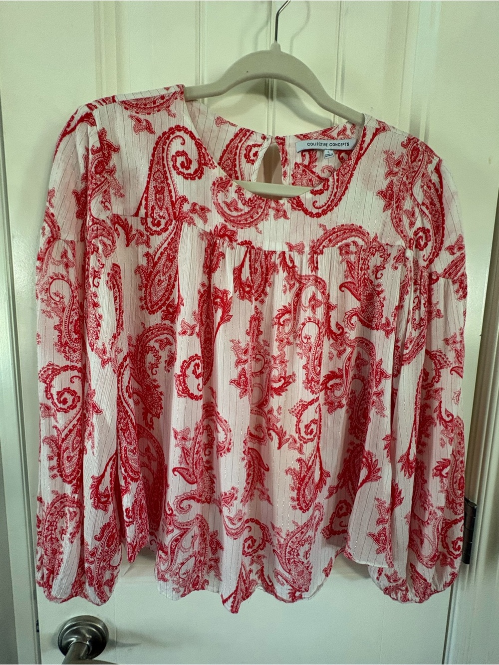 Collective Concepts White and Red Paisley Peasant Top